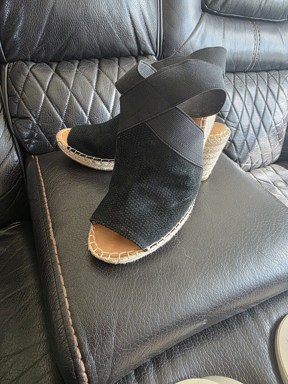 gentle souls Black Espadrille Wedge Sandals with Crossband Ankle Wrap